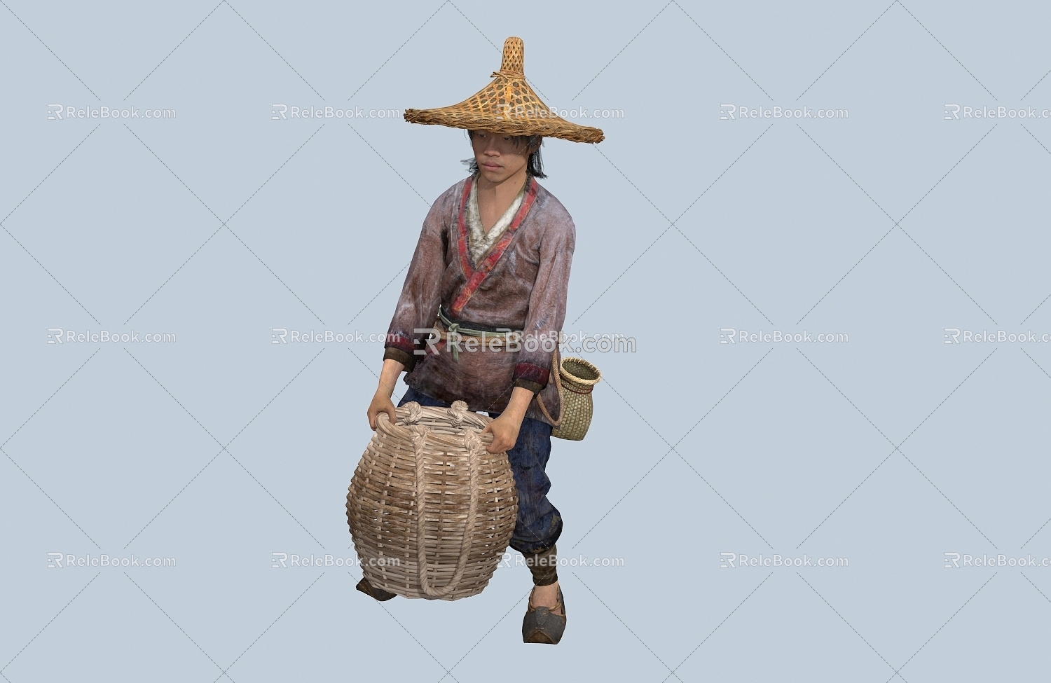 Chinese Man Minority Character Hat Gourd Wine Pot Fish Basket Male Coir Fisherman Farmer Bamboo Basket 3d model