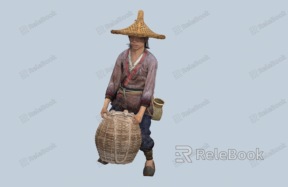 Chinese Man Minority Character Hat Gourd Wine Pot Fish Basket Male Coir Fisherman Farmer Bamboo Basket model