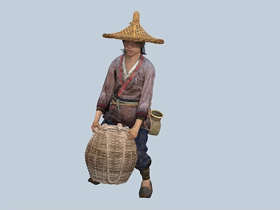 Man Wearing Straw Hat In Traditional Clothing Carrying Large Bamboo Basket With Small Bamboo Container 3d model