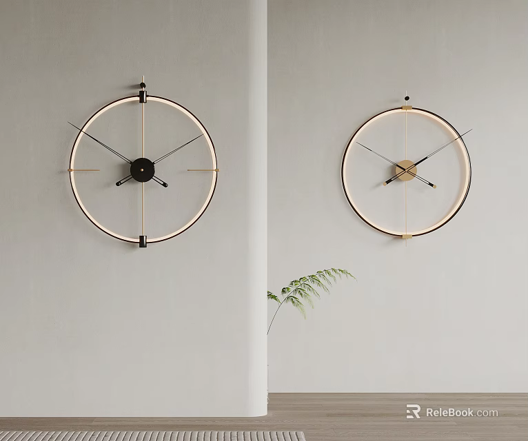 Minimalist Modern Wall Clock With Round Metal Frame On Light Colored Wall Near Green Plant 3d model 