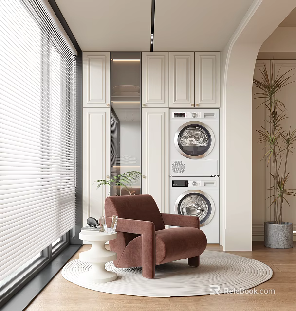 Home Balcony with White Blinds Cabinets Washing Machine Dryer Brown Armchair Small Table Green Plants 3d model 