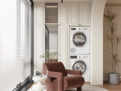 French Balcony Cabinet Laundry Cabinet Washing Machine Floor-to-Floor Window Wooden Floor 3d model