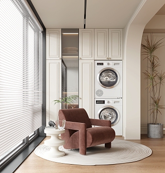 French Balcony Cabinet Laundry Cabinet Washing Machine Floor-to-Floor Window Wooden Floor 3d model