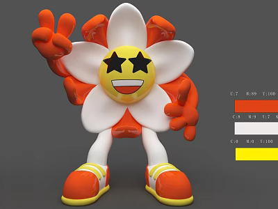 Flower Shaped Orange White Doll With Star Eyes Smiling Face Peace Sign And Orange Shoes 3d model