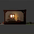 Cartoon Scene of Cozy Wooden Interior with Shelves Jars Mats Window Light and Green Plants