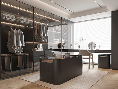 Modern Walk in Closet With Glass Wardrobes Dressing Table And Large Window 3d model