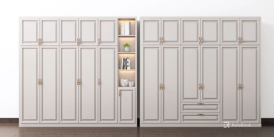 White Modern Wardrobe With Multiple Doors Built in Shelves Drawers And Decorative Items 3d model 