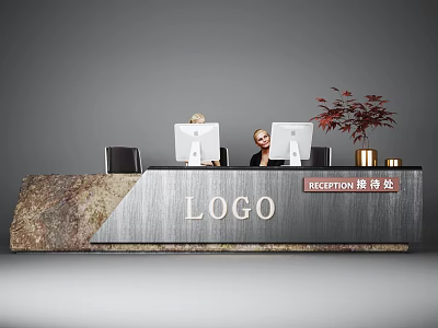Modern Marble And Metal Reception Desk With Logo Sign Computers And Red Plant 3d model