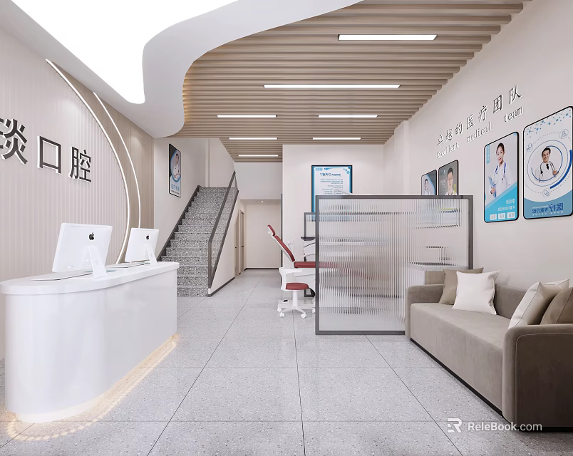 Modern Dental Clinic Interior With Reception Desk Sofa Staircase And Wall Paintings 3d model 