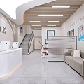 Modern Dental Clinic Interior With Reception Desk Sofa Staircase And Wall Paintings