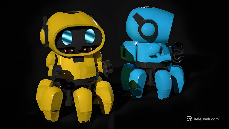Two Yellow and Blue Robot Dolls With Headphones Large Eyes and Multiple Legs 3d model 