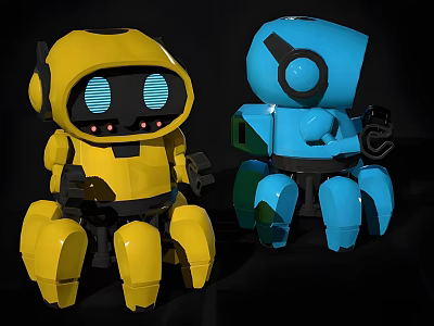 Two Yellow and Blue Robot Dolls With Headphones Large Eyes and Multiple Legs 3d model