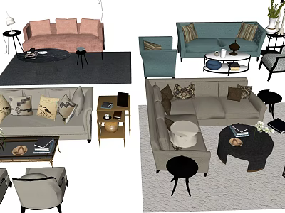 Various Colorful Sofa and Coffee Table Sets with Pillows Side Tables and Decor Accents 3d model