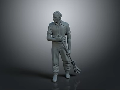 Detailed 3D Human Figure Model Standing Holding Broom In Hand Pose 3d model