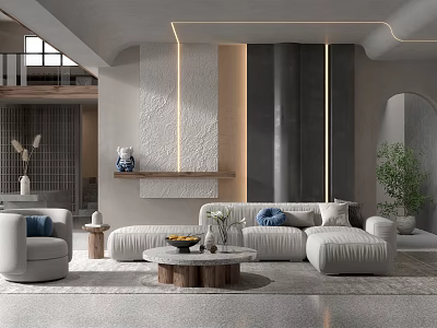 Modern Living Room Interior with Gray Sofa Round Marble Coffee Table and LED Strip Wall 3d model