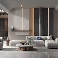 Modern Living Room Interior with Gray Sofa Round Marble Coffee Table and LED Strip Wall