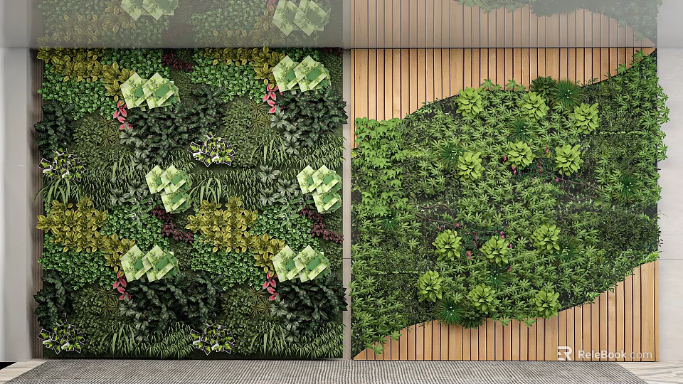 Modern Indoor Vertical Garden Living Wall With Lush Green Plants And Wooden Panels 3d model 