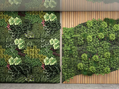 Modern Indoor Vertical Garden Living Wall With Lush Green Plants And Wooden Panels 3d model
