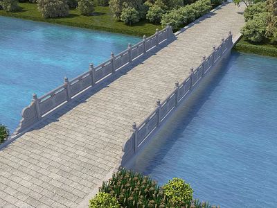 Rural Landscape With Stone Slab Bridge Spanning Blue Water Green Trees And Reeds 3d model