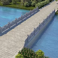Rural Landscape With Stone Slab Bridge Spanning Blue Water Green Trees And Reeds
