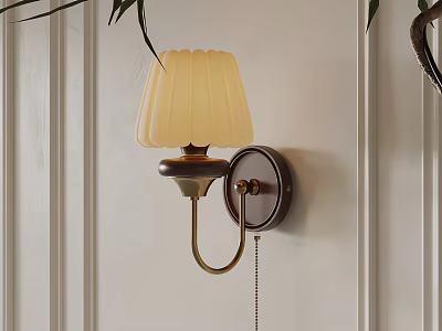 Wall Lamp With Cream Pleated Shade Dark Wooden Base Golden Arm On White Striped Wall 3d model