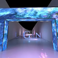 3D LGN Letters Exhibition With Blue Screen Backdrop And Reflective Floor Lighting Effects