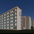 Multi Story School Teaching Building with Green Lawn Blue Sky and White Clouds 3d model