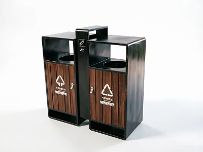 Public Waste Bins With Double Compartments Wooden Panels And Recycling Signs 3d model