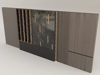 Modern Feature Wall With Wooden Panels Marble Accents And Metal Strips 3d model