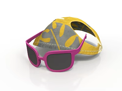 Stylish yellow gray leaf pattern cap with pink frame black lens sunglasses daily life accessories 3d model