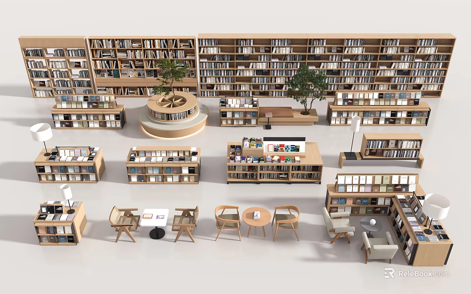 Modern Bookshelves Filled with Books in Library Interior with Tables and Chairs 3d model 