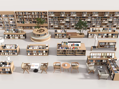 Modern Bookshelves Filled with Books in Library Interior with Tables and Chairs 3d model