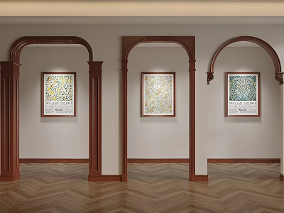 Wooden Arched Doorways In Interior With Artworks And Herringbone Floor 3d model