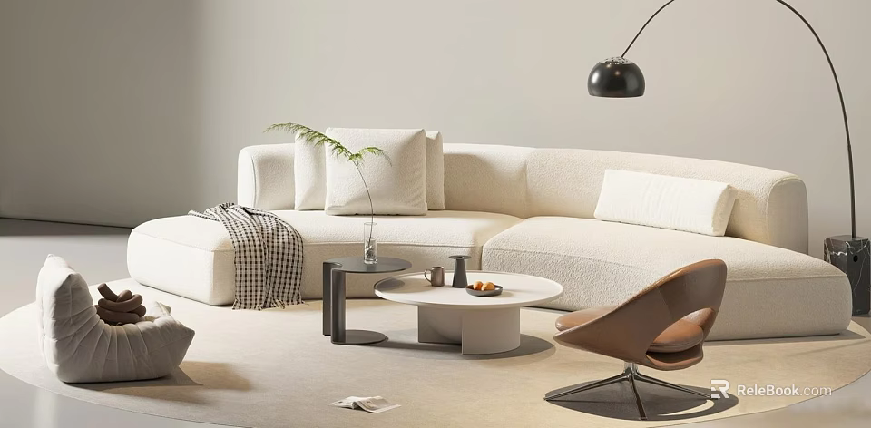 Beige Leisure Sofa Combination With Plush Pillows Coffee Table And Modern Accent Chair 3d model 