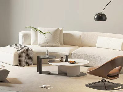 Beige Leisure Sofa Combination With Plush Pillows Coffee Table And Modern Accent Chair 3d model