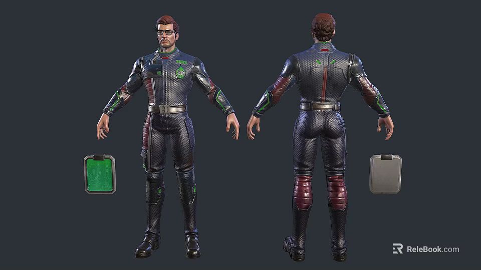 Man In Black Bodysuit With Green Red Accents Front Back Views And Green Gray Accessories 3d model 