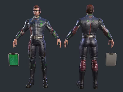 Man In Black Bodysuit With Green Red Accents Front Back Views And Green Gray Accessories 3d model