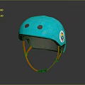 Blue Protective Helmet With Orange Straps And Colorful Sticker Design