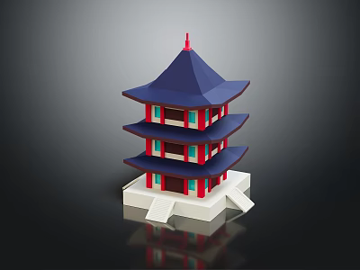 Traditional Ancient Chinese Tower Architecture with Blue Roof Red Decorations and White Base Structure 3d model