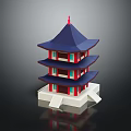 Traditional Ancient Chinese Tower Architecture with Blue Roof Red Decorations and White Base Structure