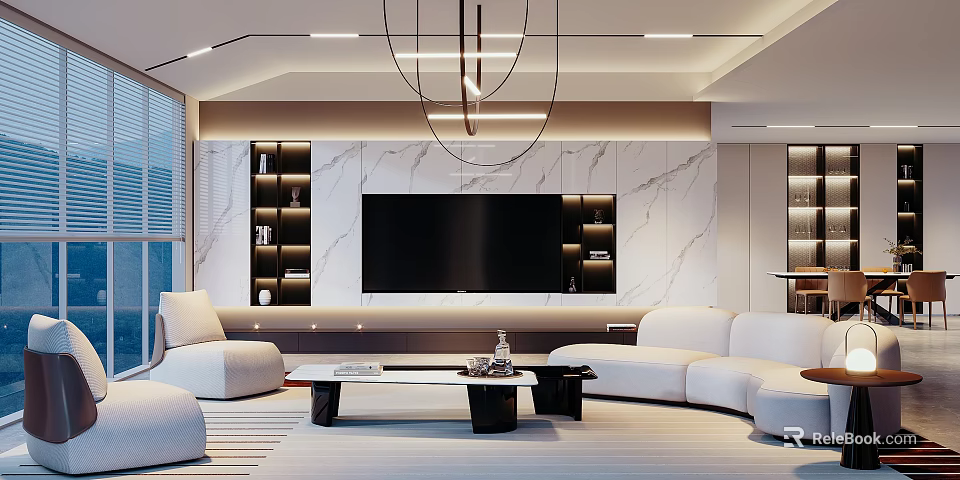Modern Living Room Interior With Marble TV Wall Chandelier White Sofa And Coffee Table 3d model 