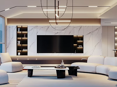 Modern Living Room Interior With Marble TV Wall Chandelier White Sofa And Coffee Table 3d model