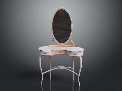 Elegant White Dressing Table With Oval Mirror Drawers And Curved Leg Design 3d model