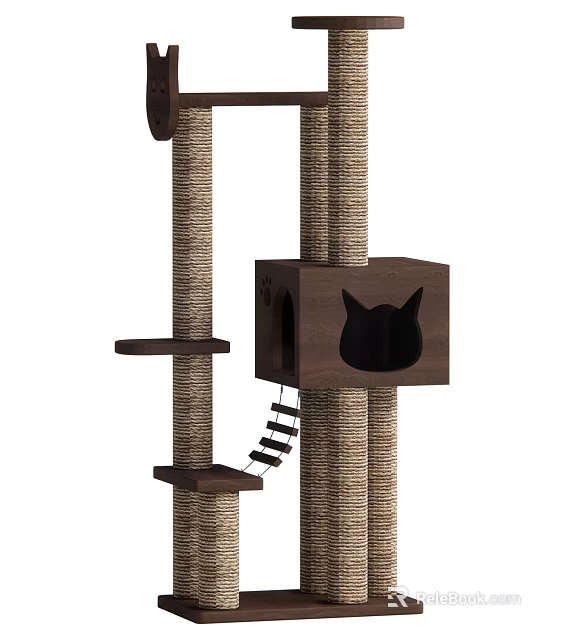 Sturdy Wooden Cat Tree with Rope Covered Poles Cat Face Cutout Cube Platforms and Ladder 3d model 