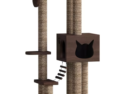 Sturdy Wooden Cat Tree with Rope Covered Poles Cat Face Cutout Cube Platforms and Ladder 3d model
