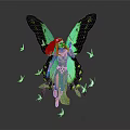 Green butterflies with large vibrant wings and small butterflies flying around shiny surface
