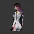 Colorful Haired Female Racer In White Blue Racing Suit With Yellow Red Accents
