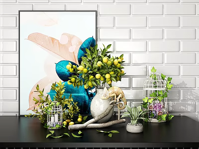 Bonsai Plants With Yellow Fruits Green Leaves And Decorative Birdcages On Black Table 3d model