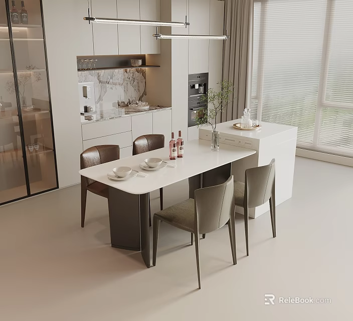 Modern Dining Table Set With Chairs And Lighting In Open Kitchen Interior Design 3d model