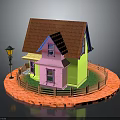 Miniature House Featuring Yellow Pink Walls Brown Roof Street Lamp Wooden Fence and Circular Platform